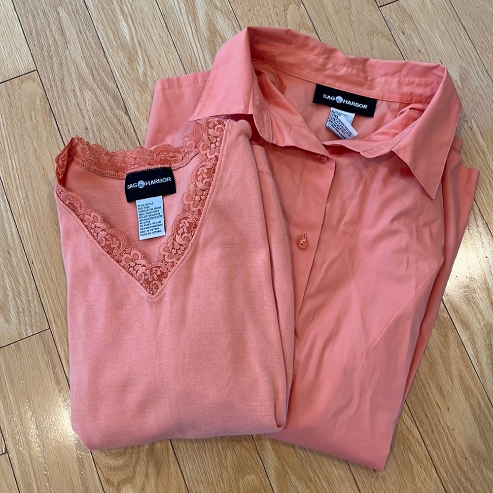 Sag Harbor Orange Coral Lace Tee Shirt & Button Down Top Set Size XL